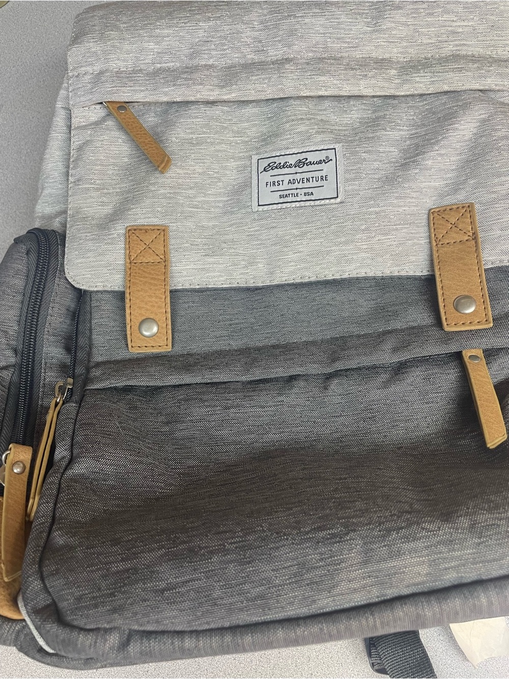 Eddie Bauer Gray and Tan Canvas diaper bag Backpack